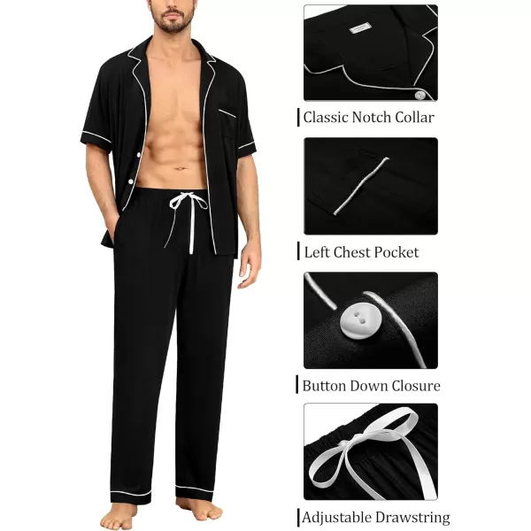 imageSWOMOG Men Pajamas Set Two Pieces Short Sleeve Sleepwear Button Down Loungewear Set Soft Modal Pj Set with PocketsBlack