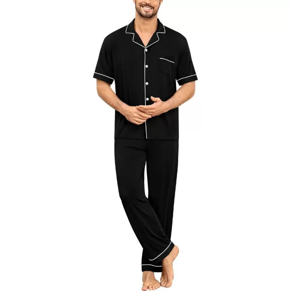 imageSWOMOG Men Pajamas Set Two Pieces Short Sleeve Sleepwear Button Down Loungewear Set Soft Modal Pj Set with PocketsBlack