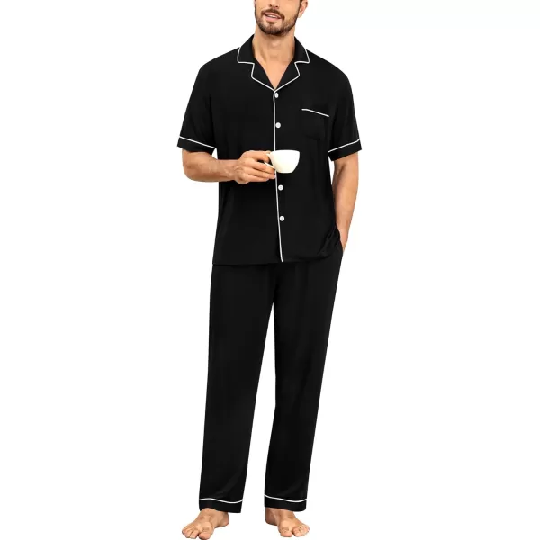 imageSWOMOG Men Pajamas Set Two Pieces Short Sleeve Sleepwear Button Down Loungewear Set Soft Modal Pj Set with PocketsBlack