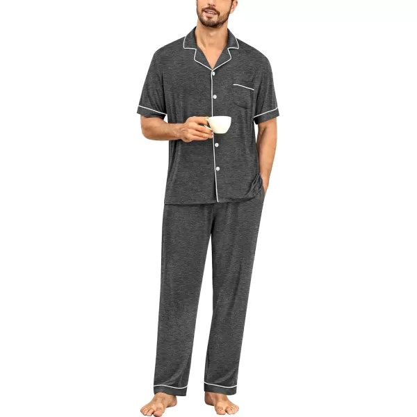 imageSWOMOG Men Pajamas Set Two Pieces Short Sleeve Sleepwear Button Down Loungewear Set Soft Modal Pj Set with PocketsDeep Grey