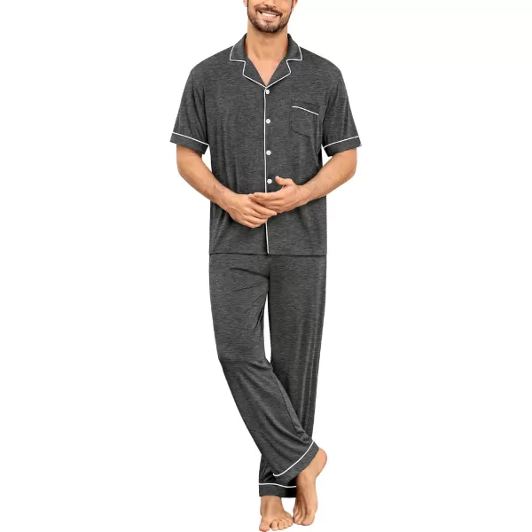 imageSWOMOG Men Pajamas Set Two Pieces Short Sleeve Sleepwear Button Down Loungewear Set Soft Modal Pj Set with PocketsDeep Grey