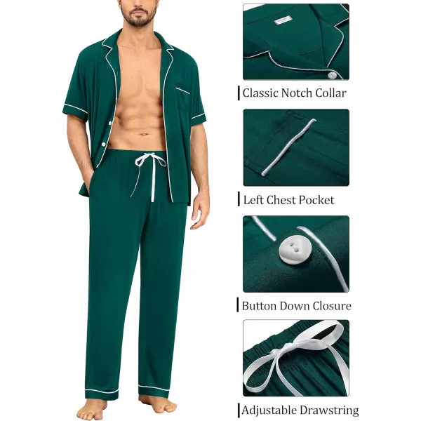 imageSWOMOG Men Pajamas Set Two Pieces Short Sleeve Sleepwear Button Down Loungewear Set Soft Modal Pj Set with PocketsGreen