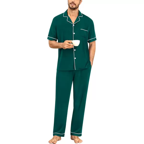 imageSWOMOG Men Pajamas Set Two Pieces Short Sleeve Sleepwear Button Down Loungewear Set Soft Modal Pj Set with PocketsGreen