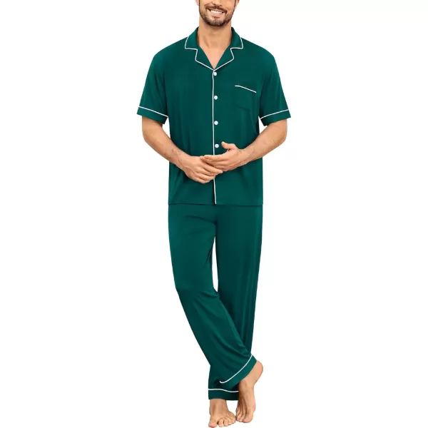 imageSWOMOG Men Pajamas Set Two Pieces Short Sleeve Sleepwear Button Down Loungewear Set Soft Modal Pj Set with PocketsGreen