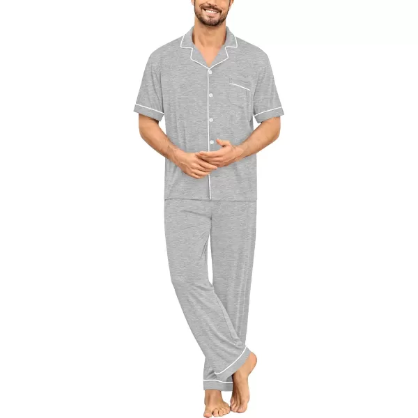 imageSWOMOG Men Pajamas Set Two Pieces Short Sleeve Sleepwear Button Down Loungewear Set Soft Modal Pj Set with PocketsGrey