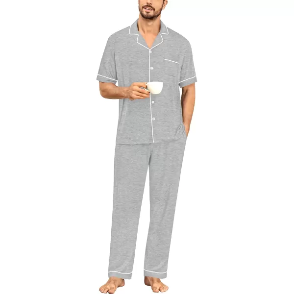 imageSWOMOG Men Pajamas Set Two Pieces Short Sleeve Sleepwear Button Down Loungewear Set Soft Modal Pj Set with PocketsGrey