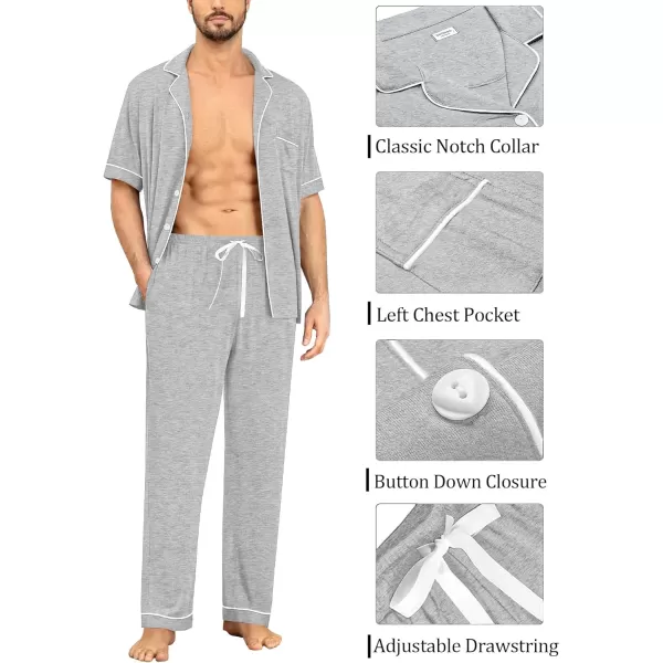 imageSWOMOG Men Pajamas Set Two Pieces Short Sleeve Sleepwear Button Down Loungewear Set Soft Modal Pj Set with PocketsGrey