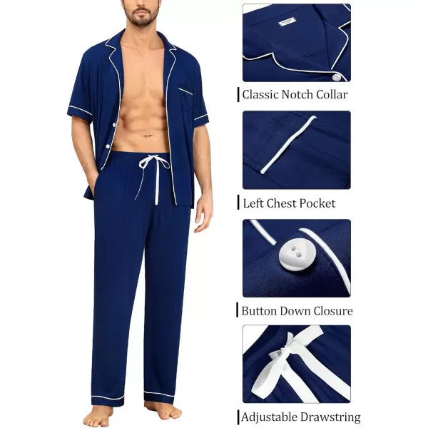 imageSWOMOG Men Pajamas Set Two Pieces Short Sleeve Sleepwear Button Down Loungewear Set Soft Modal Pj Set with PocketsNavy Blue