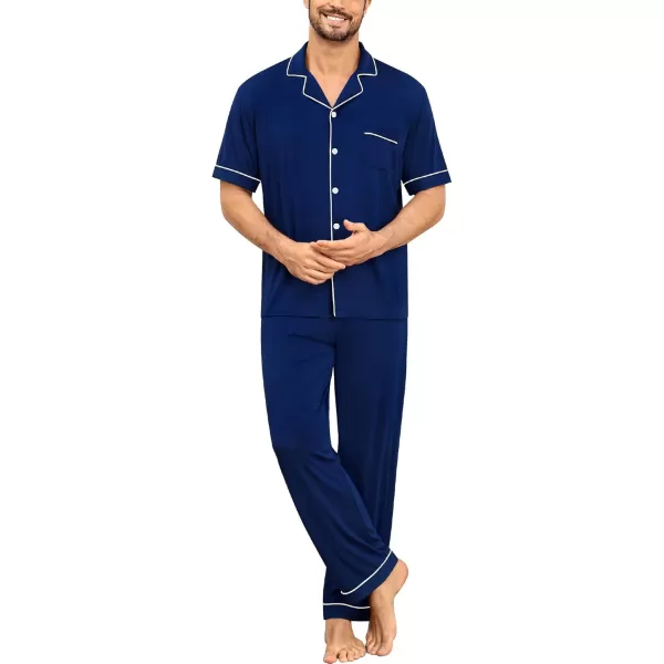 imageSWOMOG Men Pajamas Set Two Pieces Short Sleeve Sleepwear Button Down Loungewear Set Soft Modal Pj Set with PocketsNavy Blue