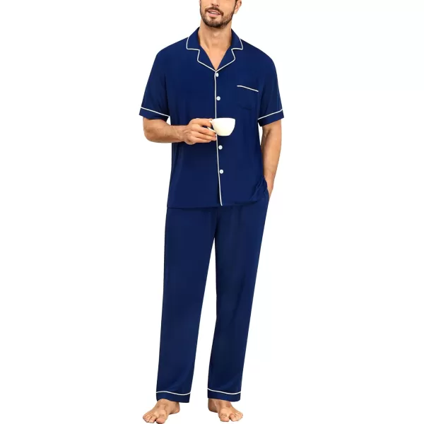 imageSWOMOG Men Pajamas Set Two Pieces Short Sleeve Sleepwear Button Down Loungewear Set Soft Modal Pj Set with PocketsNavy Blue