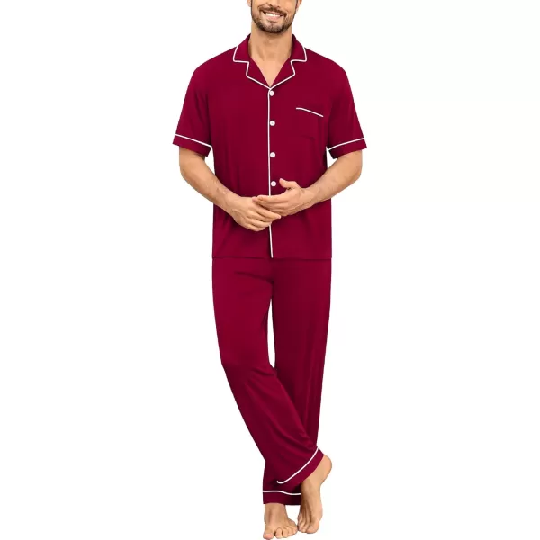 imageSWOMOG Men Pajamas Set Two Pieces Short Sleeve Sleepwear Button Down Loungewear Set Soft Modal Pj Set with PocketsWine Red