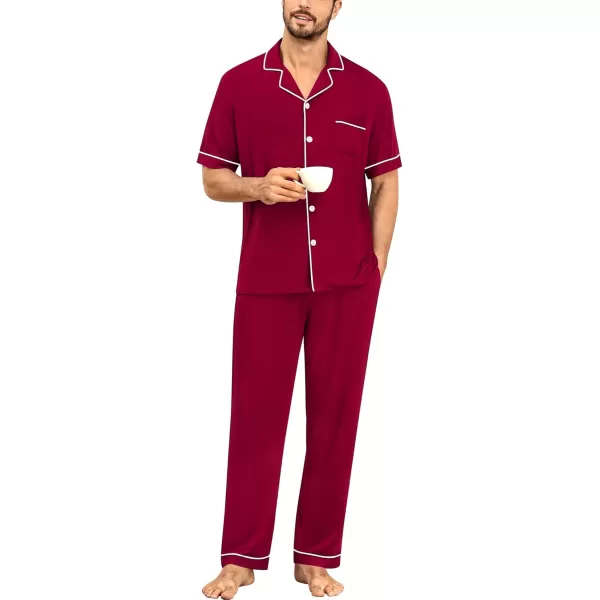 imageSWOMOG Men Pajamas Set Two Pieces Short Sleeve Sleepwear Button Down Loungewear Set Soft Modal Pj Set with PocketsWine Red