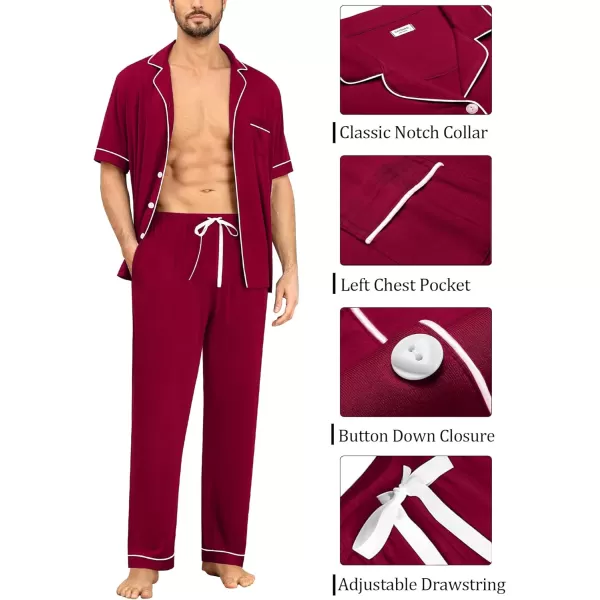 imageSWOMOG Men Pajamas Set Two Pieces Short Sleeve Sleepwear Button Down Loungewear Set Soft Modal Pj Set with PocketsWine Red