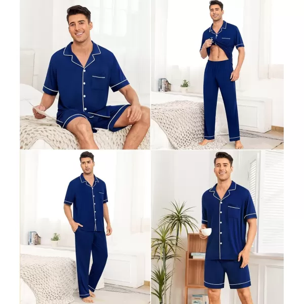 imageSWOMOG Men Pajamas Sets Short Sleeve Modal Sleepwear TwoPiece Soft PJs Sets Loungewear with Long Pants3pcsnavyblue