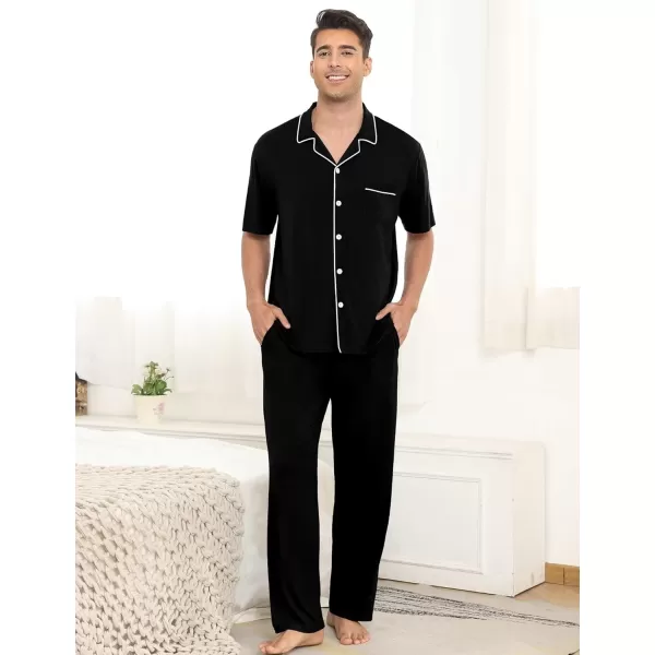 imageSWOMOG Men Pajamas Sets Short Sleeve Modal Sleepwear TwoPiece Soft PJs Sets Loungewear with Long PantsPantsblack