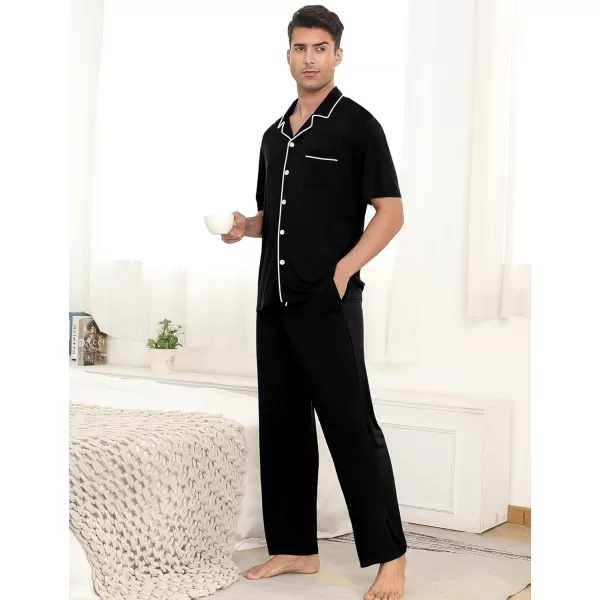 imageSWOMOG Men Pajamas Sets Short Sleeve Modal Sleepwear TwoPiece Soft PJs Sets Loungewear with Long PantsPantsblack