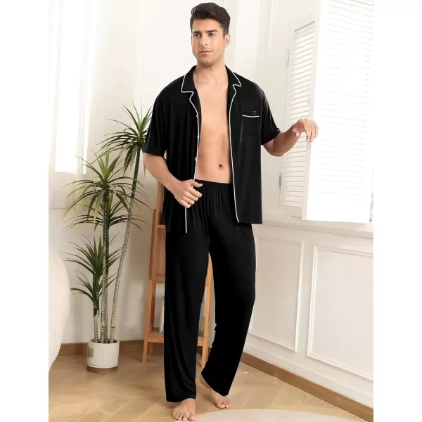 imageSWOMOG Men Pajamas Sets Short Sleeve Modal Sleepwear TwoPiece Soft PJs Sets Loungewear with Long PantsPantsblack