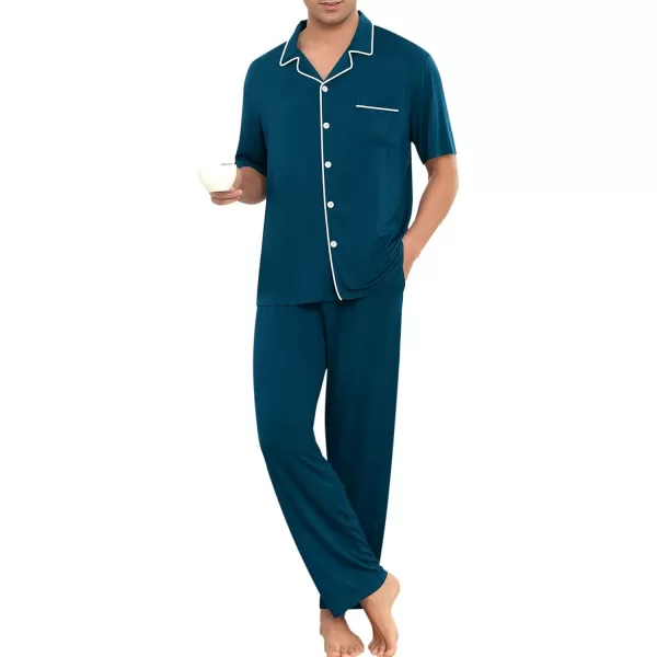 imageSWOMOG Men Pajamas Sets Short Sleeve Modal Sleepwear TwoPiece Soft PJs Sets Loungewear with Long PantsPantsdark Navy Blue