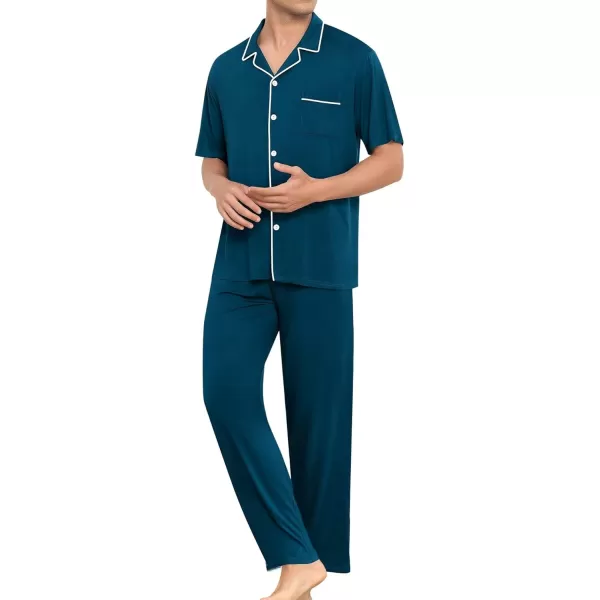 imageSWOMOG Men Pajamas Sets Short Sleeve Modal Sleepwear TwoPiece Soft PJs Sets Loungewear with Long PantsPantsdark Navy Blue