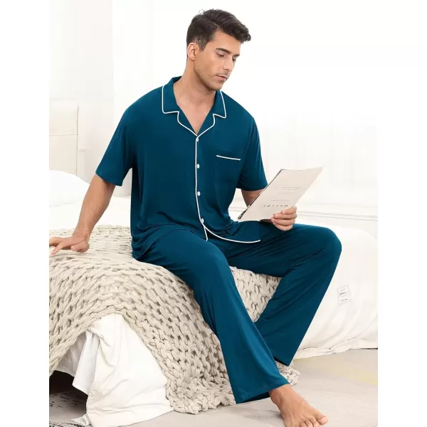 imageSWOMOG Men Pajamas Sets Short Sleeve Modal Sleepwear TwoPiece Soft PJs Sets Loungewear with Long PantsPantsdark Navy Blue