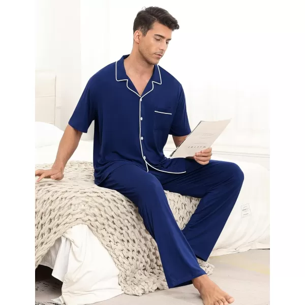 imageSWOMOG Men Pajamas Sets Short Sleeve Modal Sleepwear TwoPiece Soft PJs Sets Loungewear with Long PantsPantsnavy Blue