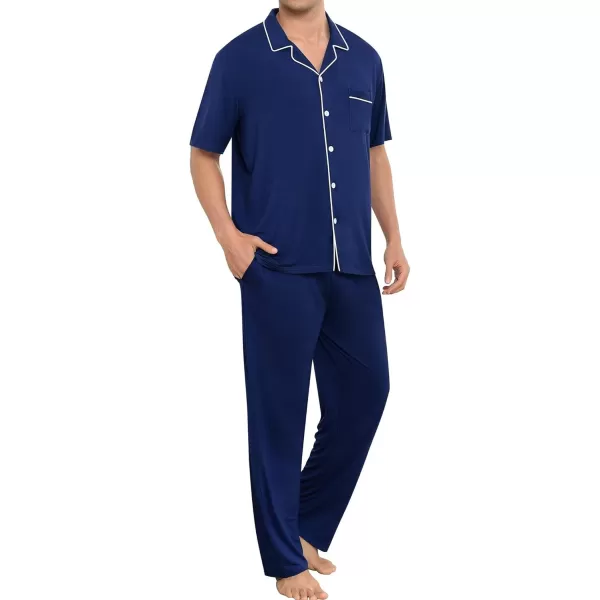 imageSWOMOG Men Pajamas Sets Short Sleeve Modal Sleepwear TwoPiece Soft PJs Sets Loungewear with Long PantsPantsnavy Blue