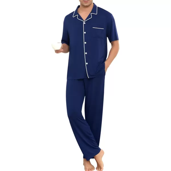 imageSWOMOG Men Pajamas Sets Short Sleeve Modal Sleepwear TwoPiece Soft PJs Sets Loungewear with Long PantsPantsnavy Blue