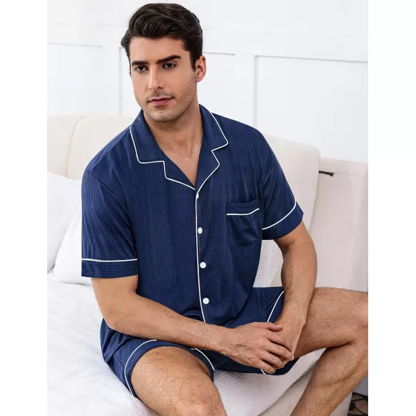 imageSWOMOG Men Pajamas Sets Short Sleeve Modal Sleepwear TwoPiece Soft PJs Sets Loungewear with Long PantsShortsnavyblue