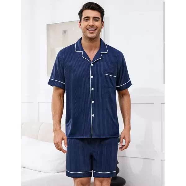 imageSWOMOG Men Pajamas Sets Short Sleeve Modal Sleepwear TwoPiece Soft PJs Sets Loungewear with Long PantsShortsnavyblue