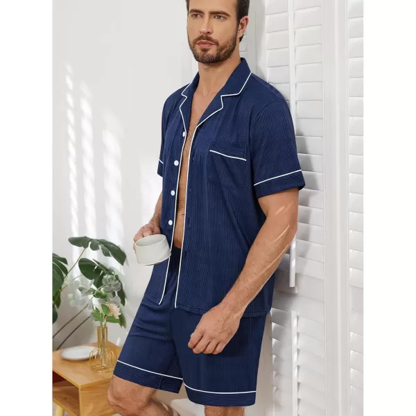 imageSWOMOG Men Pajamas Sets Short Sleeve Modal Sleepwear TwoPiece Soft PJs Sets Loungewear with Long PantsShortsnavyblue