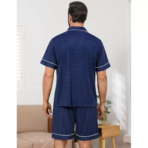 imageSWOMOG Men Pajamas Sets Short Sleeve Modal Sleepwear TwoPiece Soft PJs Sets Loungewear with Long PantsShortsnavyblue