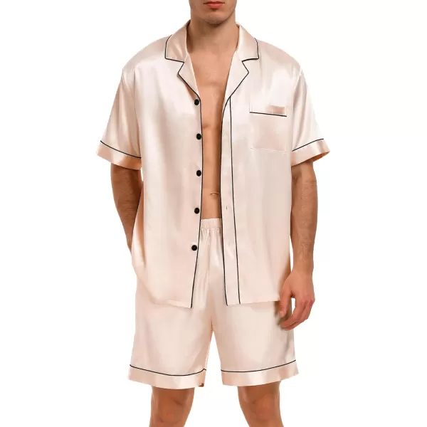 imageSWOMOG Men Satin Pajama Set 2 Pcs Loungewear Button Down Pjs Set Sleepwear ShortSleeve Top and Shorts with PocketsChampagne