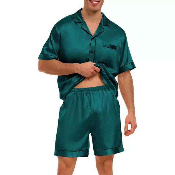 imageSWOMOG Men Satin Pajama Set 2 Pcs Loungewear Button Down Pjs Set Sleepwear ShortSleeve Top and Shorts with PocketsDeep Green