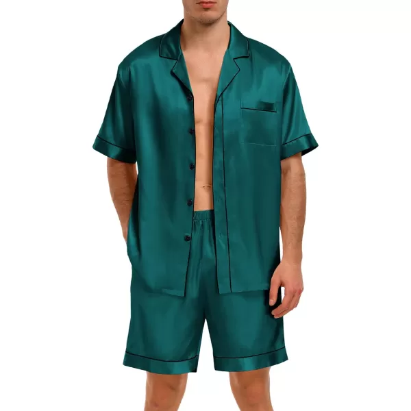 imageSWOMOG Men Satin Pajama Set 2 Pcs Loungewear Button Down Pjs Set Sleepwear ShortSleeve Top and Shorts with PocketsDeep Green