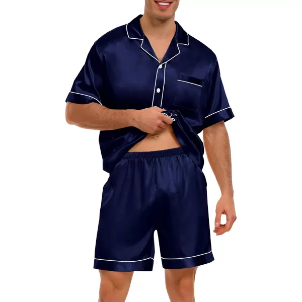 imageSWOMOG Men Satin Pajama Set 2 Pcs Loungewear Button Down Pjs Set Sleepwear ShortSleeve Top and Shorts with PocketsDeep Navy Blue