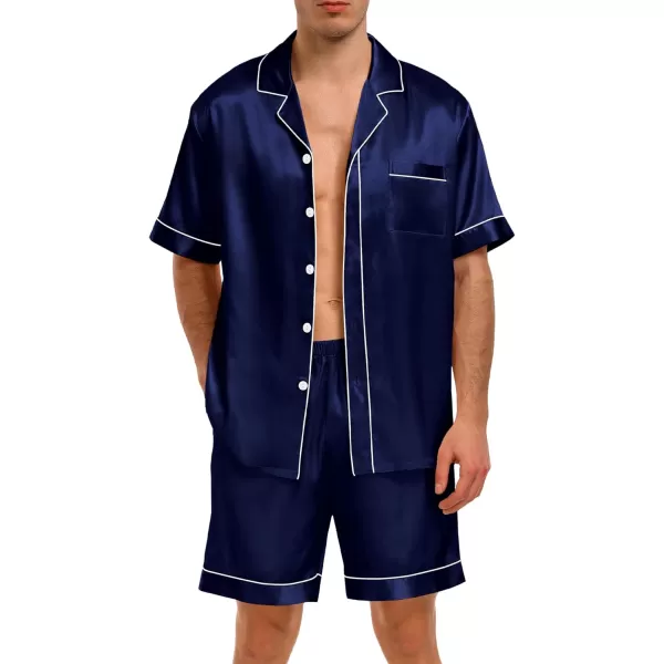 imageSWOMOG Men Satin Pajama Set 2 Pcs Loungewear Button Down Pjs Set Sleepwear ShortSleeve Top and Shorts with PocketsDeep Navy Blue