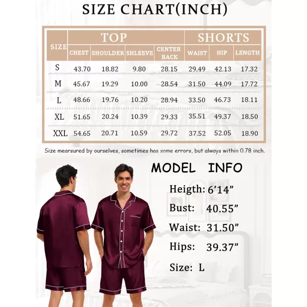 imageSWOMOG Men Satin Pajama Set 2 Pcs Loungewear Button Down Pjs Set Sleepwear ShortSleeve Top and Shorts with PocketsDeep Wine Red