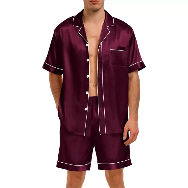 imageSWOMOG Men Satin Pajama Set 2 Pcs Loungewear Button Down Pjs Set Sleepwear ShortSleeve Top and Shorts with PocketsDeep Wine Red