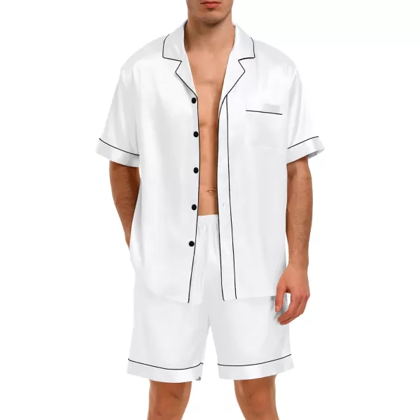 imageSWOMOG Men Satin Pajama Set 2 Pcs Loungewear Button Down Pjs Set Sleepwear ShortSleeve Top and Shorts with PocketsWhite