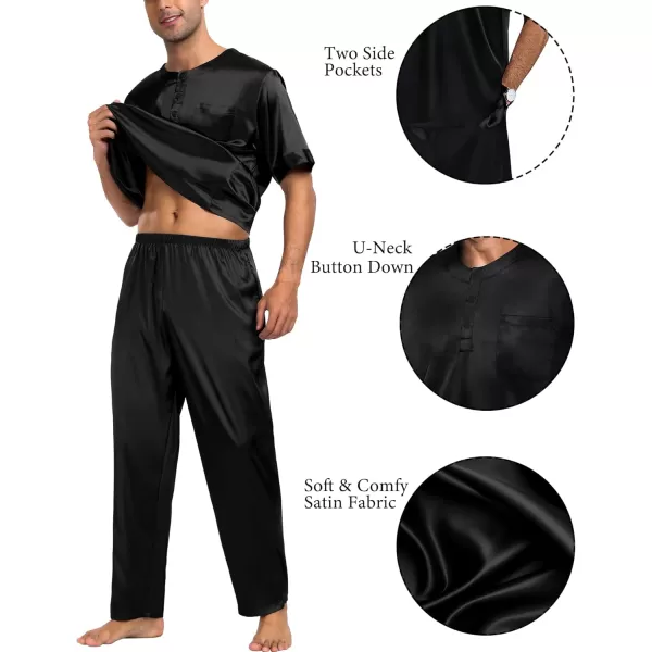 imageSWOMOG Men Satin Pajama Set Short Sleeve Pj Set 2 Pcs Loungewear Silk Sleepwear Half Button Down Long Pants with PocketsBlack