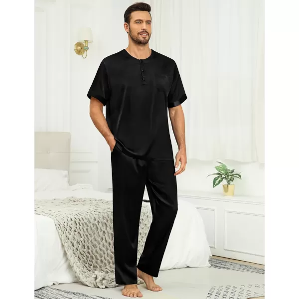 imageSWOMOG Men Satin Pajama Set Short Sleeve Pj Set 2 Pcs Loungewear Silk Sleepwear Half Button Down Long Pants with PocketsBlack