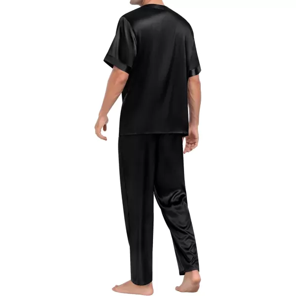 imageSWOMOG Men Satin Pajama Set Short Sleeve Pj Set 2 Pcs Loungewear Silk Sleepwear Half Button Down Long Pants with PocketsBlack