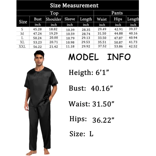 imageSWOMOG Men Satin Pajama Set Short Sleeve Pj Set 2 Pcs Loungewear Silk Sleepwear Half Button Down Long Pants with PocketsBlack