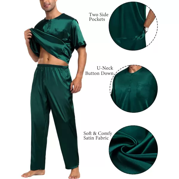 imageSWOMOG Men Satin Pajama Set Short Sleeve Pj Set 2 Pcs Loungewear Silk Sleepwear Half Button Down Long Pants with PocketsDeep Green