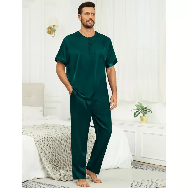 imageSWOMOG Men Satin Pajama Set Short Sleeve Pj Set 2 Pcs Loungewear Silk Sleepwear Half Button Down Long Pants with PocketsDeep Green