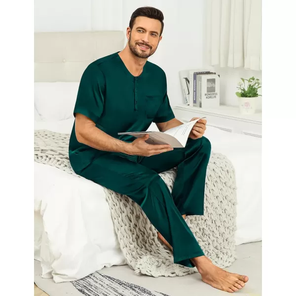 imageSWOMOG Men Satin Pajama Set Short Sleeve Pj Set 2 Pcs Loungewear Silk Sleepwear Half Button Down Long Pants with PocketsDeep Green