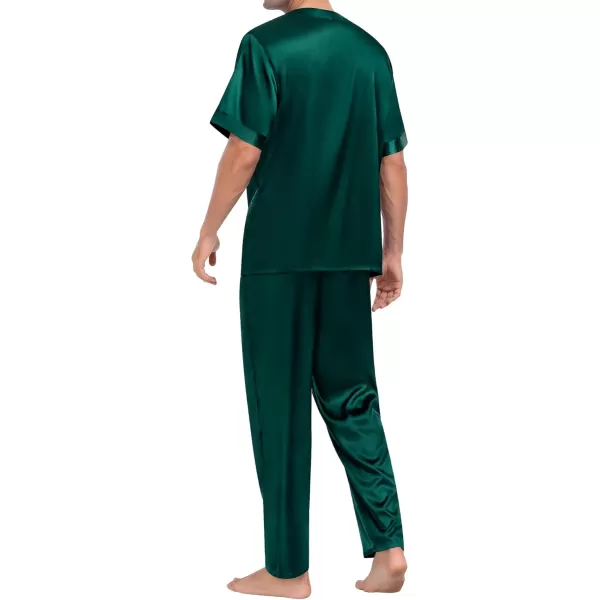 imageSWOMOG Men Satin Pajama Set Short Sleeve Pj Set 2 Pcs Loungewear Silk Sleepwear Half Button Down Long Pants with PocketsDeep Green