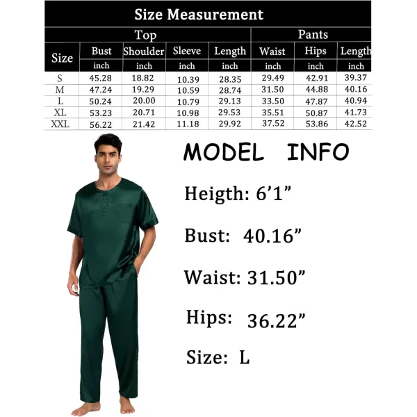 imageSWOMOG Men Satin Pajama Set Short Sleeve Pj Set 2 Pcs Loungewear Silk Sleepwear Half Button Down Long Pants with PocketsDeep Green