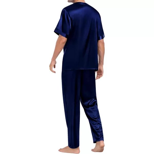 imageSWOMOG Men Satin Pajama Set Short Sleeve Pj Set 2 Pcs Loungewear Silk Sleepwear Half Button Down Long Pants with PocketsDeep Navy Blue