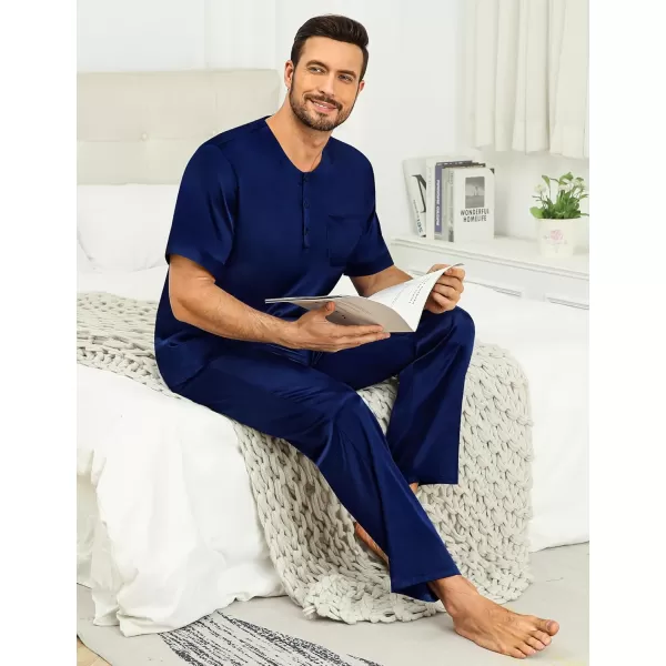 imageSWOMOG Men Satin Pajama Set Short Sleeve Pj Set 2 Pcs Loungewear Silk Sleepwear Half Button Down Long Pants with PocketsDeep Navy Blue